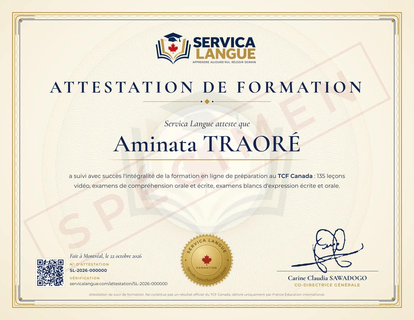Exemple d’attestation de fin de formation Servica Langue, marqué SPÉCIMEN